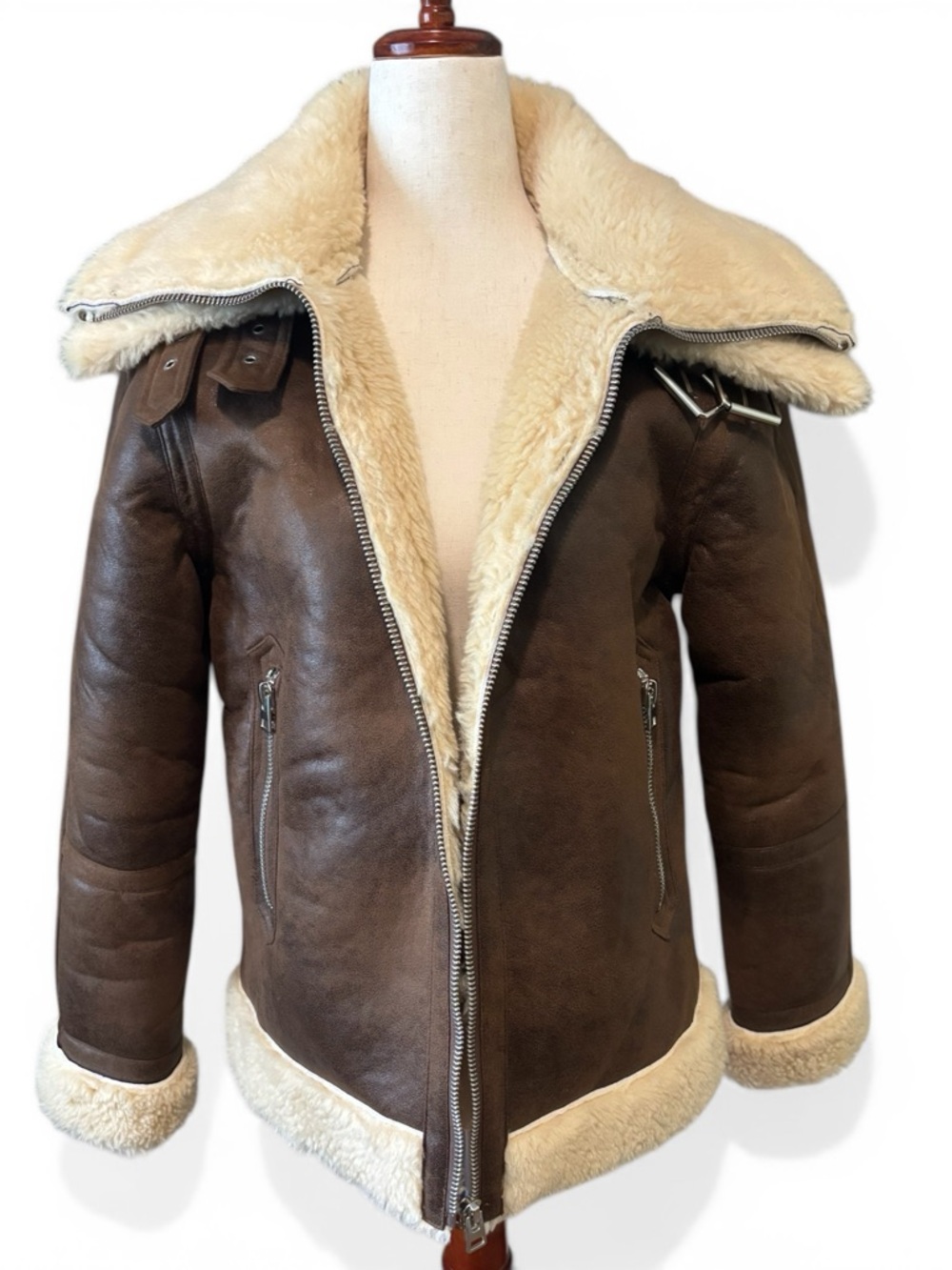 Topshop Faux Brown Leather / Shearling Aviator Jacket Moto Coat XS
